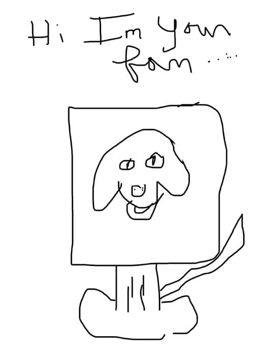 A drawing of a dog with a name written on it.